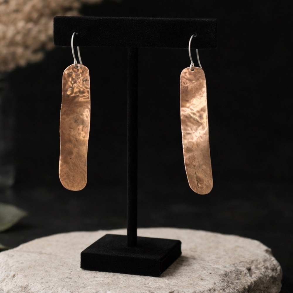 Handmade Hammered Copper Dangle Earrings | Artisan Signed | Rustic Boho